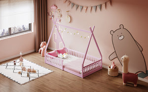 English Elm Twin House Bed with Roof and Fence for Kids – Sturdy Pine Frame, Vintage Wash Design, Safe Sleep Space Pink N709P183348H