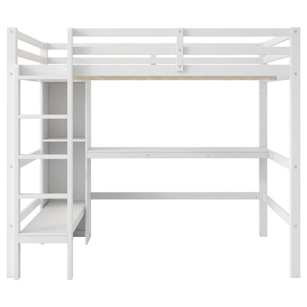 English Elm Full Size Loft Bed With Under-Bed Desk & Multifunction Shelves - Space-Saving White Design For Teens N7090005004K