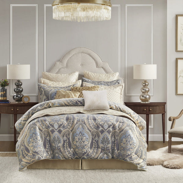 English Elm 4 Piece Julius King Comforter Set Blue/Grey Jacquard Chenille Luxury Bedding with Gold Illusion, Regal Style B035128757