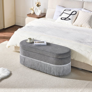 English Elm Oval Fringe Trim Upholstered Lift Top Storage Ottoman Stylish Footrest for Any Room Grey W5501P462408