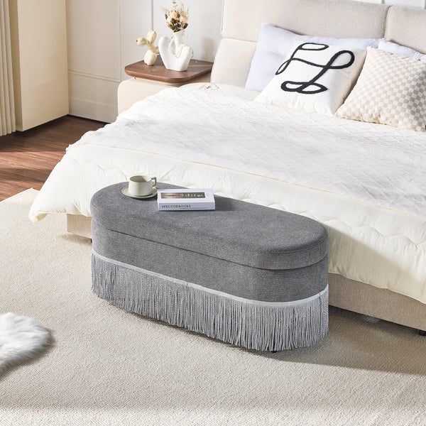 English Elm Oval Fringe Trim Upholstered Lift Top Storage Ottoman Stylish Footrest for Any Room Grey W5501P462408