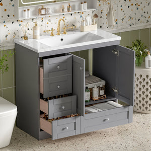 English Elm 36 Inch Shaker Bathroom Vanity with Resin Sink Four Soft Close Drawers Mdf Cabinet Gray N729P000028E