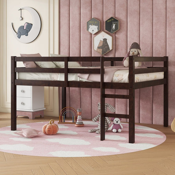 English Elm Full Rubber Wood Loft Bed Espresso — Space-Saving Full-Size Loft with Ladder, Sturdy 400 lb Capacity, Minimalist Design W504P228818