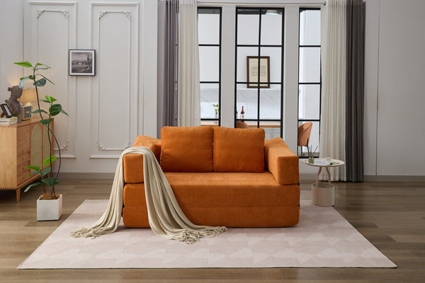 English Elm Modern Minimalist Sofa Fold-Out Convertible Floor Couch Bed with Removable Backrest Chenille Orange, Modular Comfort and Side Pockets W1829P186302