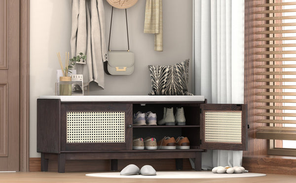 English Elm Trexm Bohemian Rattan Storage Bench Cushioned Seat Shoe Cabinet for Entryway Beige,Espresso N715P308012P