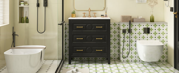 English Elm 30'' Bathroom Vanity with Ceramic Sink, Solid Wood Frame Retro Style Vanity with 3 Drawers & Gold Handles Black N710P246209B