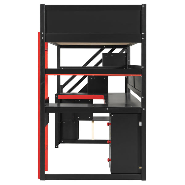 English Elm Full Size Gaming Loft Bed with Led Lighting Desk Shelves and Usb Charging Ports N820S00070J