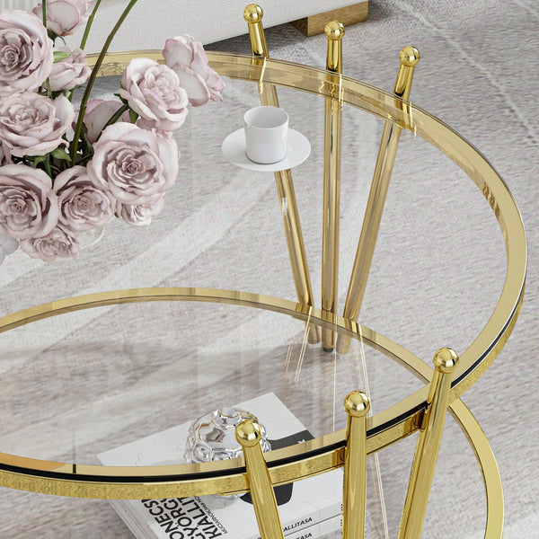 English Elm 31.5inch Modern Luxury Gold Coffee Table with Two-Tier Storage, Tempered Glass Top, Elegant Crown Design Clear W1550P171448