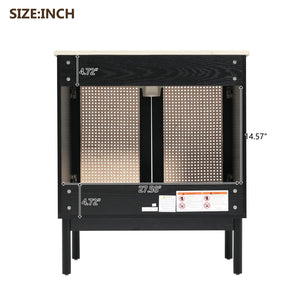 English Elm 30-inch bathroom vanity with handwoven rattan doors, ceramic sink, soft-close hinges, black bamboo elegance N729P285517B