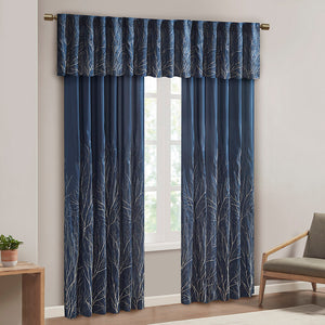 JLA Home Madison Park - Faux Embroidered Tree Branch Window Valance in Lustrous Silk-Look Fabric with Lined Privacy Drapery Navy MP41-4572