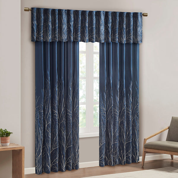 JLA Home Madison Park - Faux Embroidered Tree Branch Window Valance in Lustrous Silk-Look Fabric with Lined Privacy Drapery Navy MP41-4572
