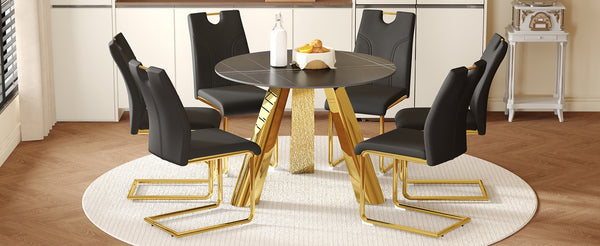 English Elm Table And Chair Set - Luxurious 42-Inch Round Sintered Stone Table With 6 Ergonomic Black Chairs W2920S00044-GIGA