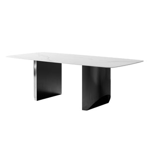 English Elm Carbon Steel Dining Table with Stone Top and Matte Black Frame for Modern Rooms W1002S00008