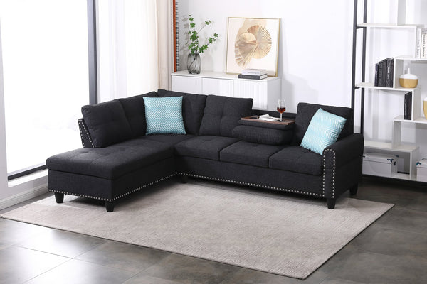 English Elm Black Faux Leather L Shaped Sectional with Cup Holders Nailhead Trim Storage Charcoal Grey B2730S00029
