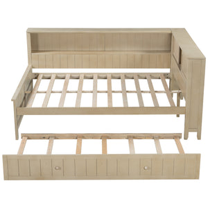 English Elm Full Full Size Wood Daybed with Trundle, Antique White Milk Finish, Built-In Storage Shelves & Charming Design N7090002225K