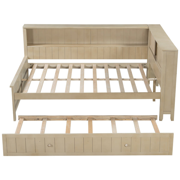 English Elm Full Full Size Wood Daybed with Trundle, Antique White Milk Finish, Built-In Storage Shelves & Charming Design N7090002225K