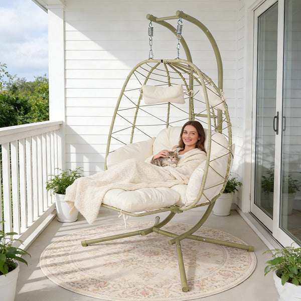 English Elm 2 Person Wicker Hanging Egg Chair with Stand Padded Cushions Patio Swing Seat T5880P500218