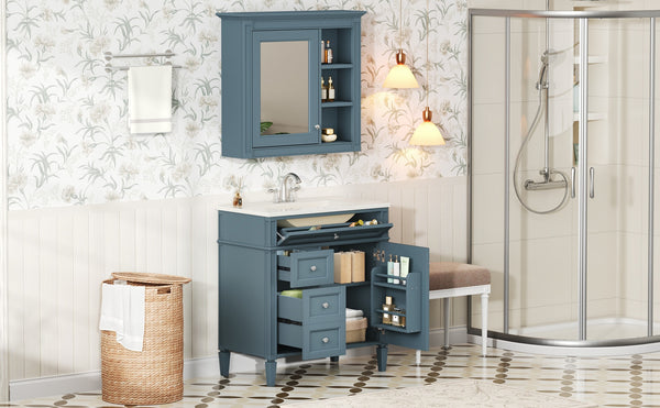 English Elm 30'' Freestanding Bathroom Vanity Set with Mirror Cabinet Ceramic Sink Soft Close SW000126AAM-1