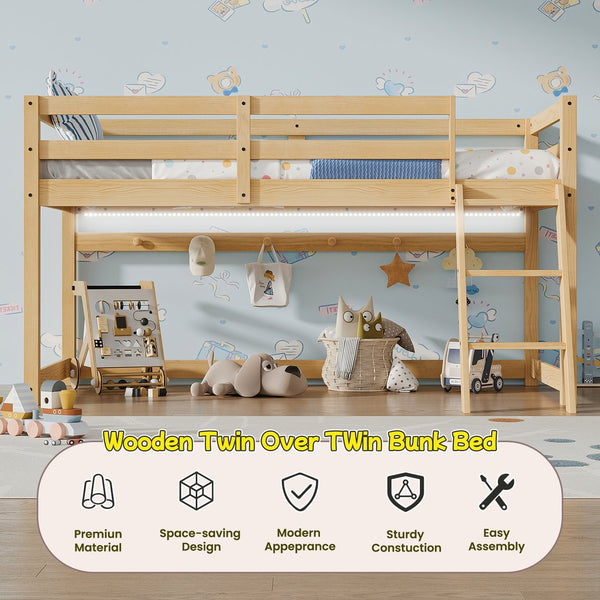 English Elm Kids Twin Low Loft Bed with Built-In LED Strip, Solid Pine Convertible Bunk Frame, Modern Durable Design Oak W1820P331924