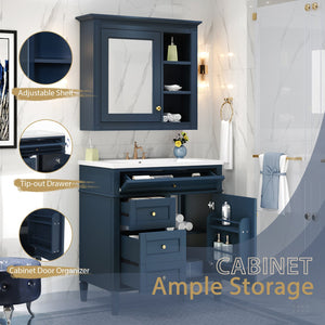 English Elm 30'' Modern Bathroom Vanity with Integrated Mirror Cabinet, Ceramic Sink, 3 Drawers & Ample Storage Blue SW000126AAC-1