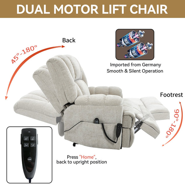 English Elm Dual Motor Power Lift Recliner Chenille Chair with Massage Heat and Infinite Positions Beige W3224P288434