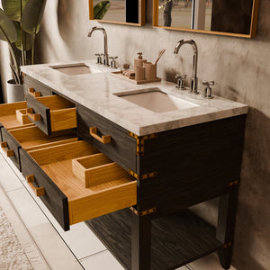 English Elm Black Oak Double Bath Vanity With Carrara Marble Top & Faucet Set - Elegant Storage Solution For Bathrooms B2731P261036