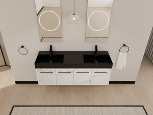 English Elm 60 Inch Wall-Mounted Bathroom Vanity With Double Black Resin Sink – Modern, Durable & Stylish Design W999S00255