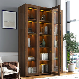 English Elm Display Cabinet Glass Doors Curio with 5 Shelves and LED Lighting, Dustproof Bookcase for Collectibles W331P281123