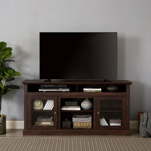 English Elm Modern TV Stand 60" Brown Entertainment Center for TVs up to 65" with Glass Doors, 3 Adjustable Shelves, Cable Management and Durable MDF Construction W2275P210030