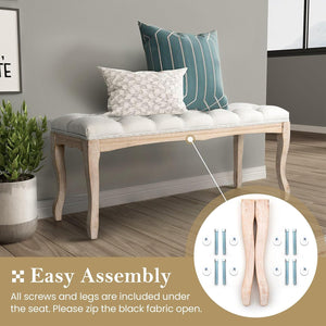 English Elm Bedroom Bench Tufted Linen Seat with Carved Distressed Wood Legs French Country Style Beige W3244P493647