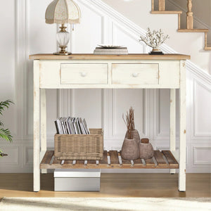 English Elm Vintage Two-Drawer Console Table Antique Natural Distressed Finish with Shelf, Sturdy Entryway Storage W2295P366795