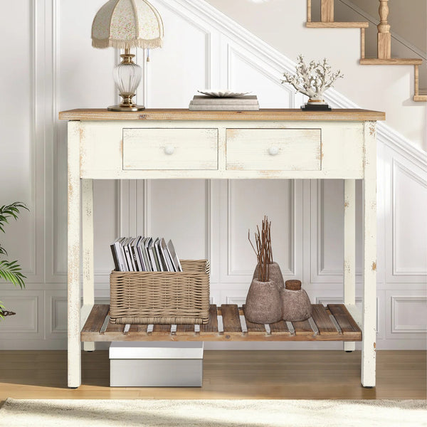 English Elm Vintage Two-Drawer Console Table Antique Natural Distressed Finish with Shelf, Sturdy Entryway Storage W2295P366795
