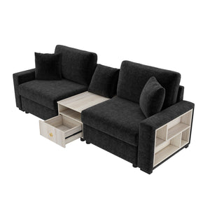 English Elm Modern Chenille Modular Sofa with Built-in Console Storage Armrest for Living Room Black N763S000063B