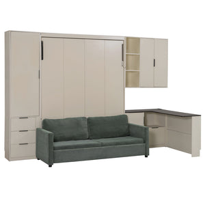 English Elm Queen Murphy Wall Bed Hydraulic Lift Velvet Sofa Built-in Shelves Led Studio Unit Cream LP000392AAA
