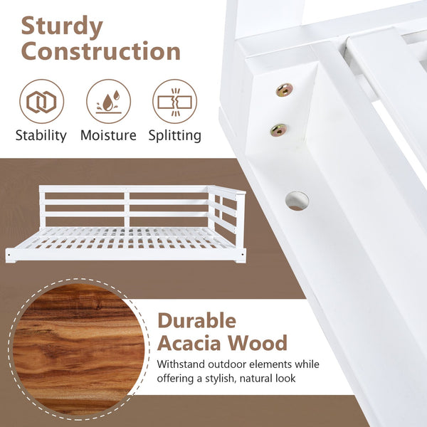 English Elm TOPMAX Acacia Wood Porch Swing Bed with 96" Hemp Ropes, Open-Side Minimalist Patio Lounger, 350lb Capacity White N717P265860K