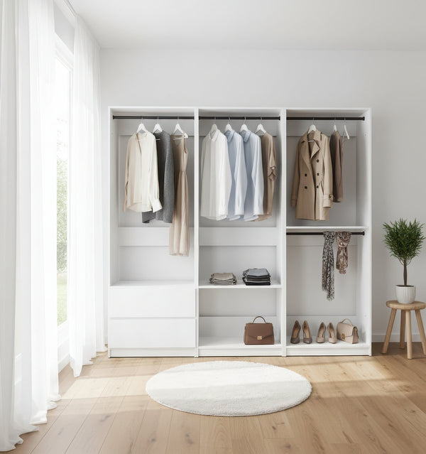 English Elm Prosper Freestanding White Wood Walk-In Closet System – Durable Melamine, Oak Finish, Modular Storage Elegance B040S00143