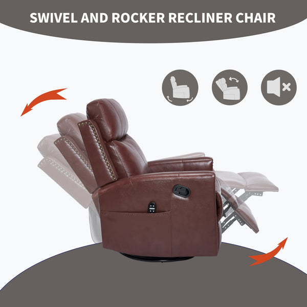 English Elm Wine Red Genuine Leather Swivel Rocker Recliner with Massage Heat for Living Room W1803P323712