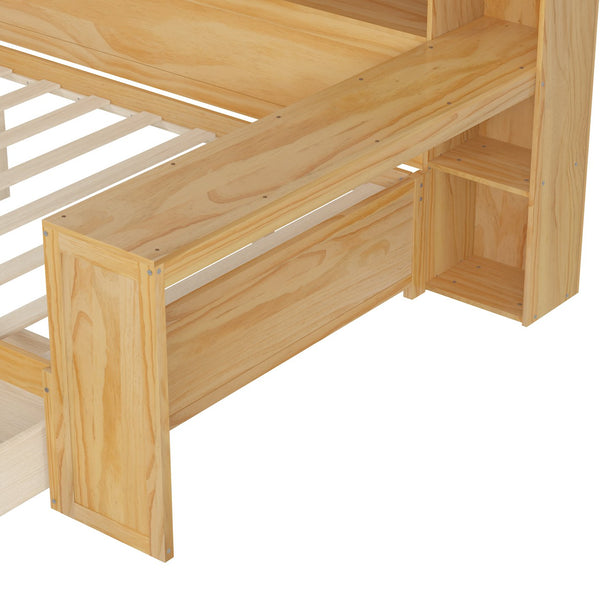 English Elm Wooden Full Size Daybed with Built-In Desk, Side Shelves and Dual Drawers for Organized Living Natural 70 L x 18.6 W x 5.5 H N733S241486M