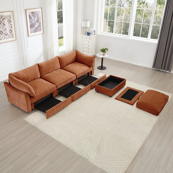 English Elm L-Shaped 3-Seater Sectional Sofa With Movable Ottoman, Chenille Orange, Smart Storage & Comfort W3041S00206