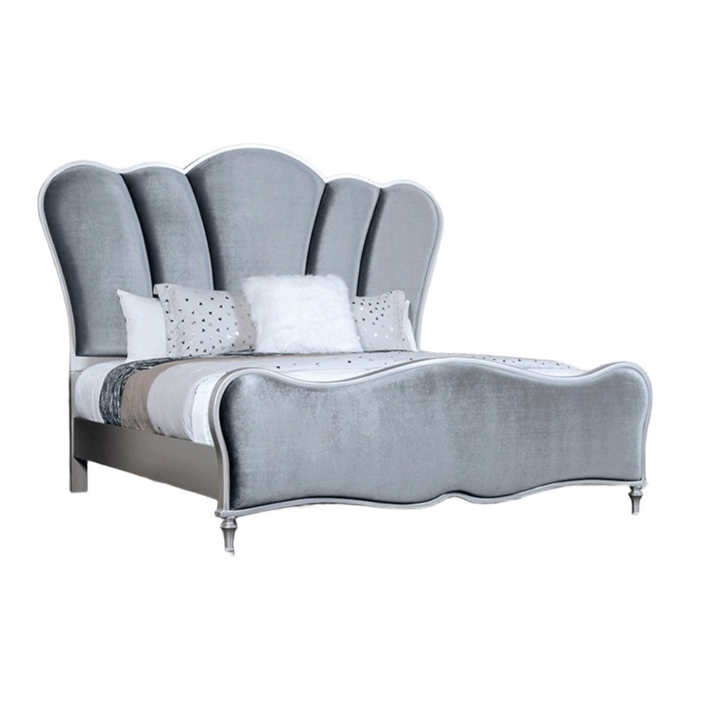 English Elm Glam Art Deco Queen Bed with Padded Scallop Channel Headboard, Light Gray Upholstery, Turned Wood Legs Silver 96 L x 53 W x 6 H B2741S00196