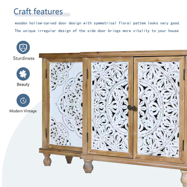 English Elm 4-Door Hollow-Carved Accent Cabinet with Floral Doors, Distressed Natural Wood Storage Cupboard, Adjustable Shelves for Entryway Living Room Dining Room W2295P257039