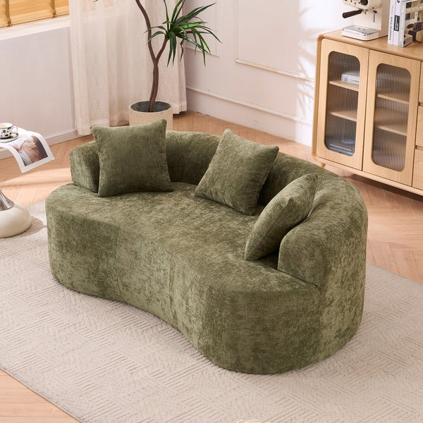 English Elm Crescent-shaped Chenille Sofa Curved Low-back Two-seater with Cloud-like Deep Cushions Green W2012P375743