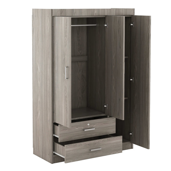 English Elm 3-door Wardrobe with Full Length Mirror Lockable Drawer and Bedroom Shelf Storage Gray LP006601AAE