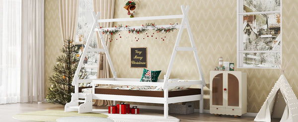 English Elm Twin House Shaped Platform Bed Solid Pine Frame with Built in Stairs for Kids W1580P354718