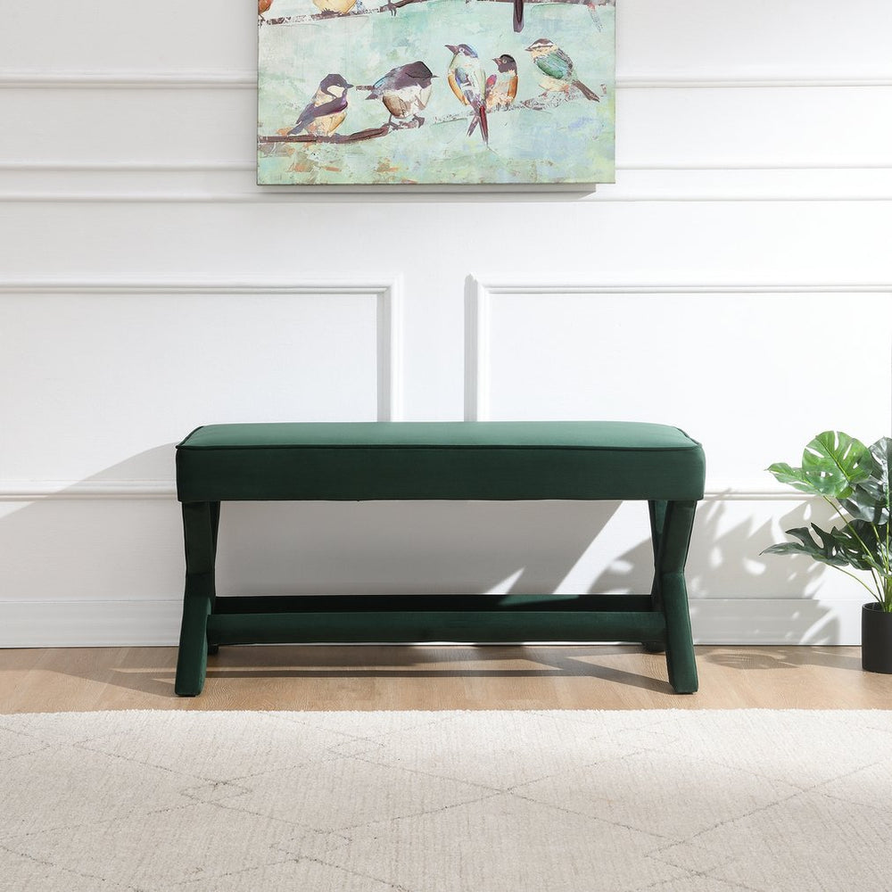 English Elm Comfort Velvet Upholstered Bench with X-crossed Legs Piped Cushion Mid-century Style Green W2671P441834