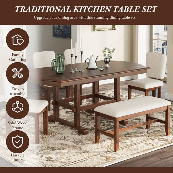 English Elm Topmax Extendable Rubberwood Dining Set Trestle Table Bench Four Upholstered Chairs N717S000090P