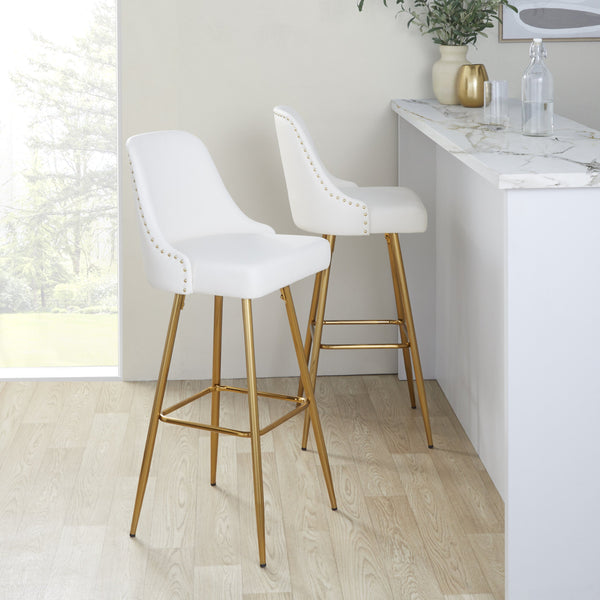 English Elm Fixed-height Barstools with Gold Nailhead Trim White Faux Leather Frame Set of 2 B202S01949