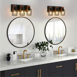 English Elm 18" Industrial Vintage 3-Light Wall Sconce Black Cage with Walnut Wood Accents for Bath Hallway W2312P374837