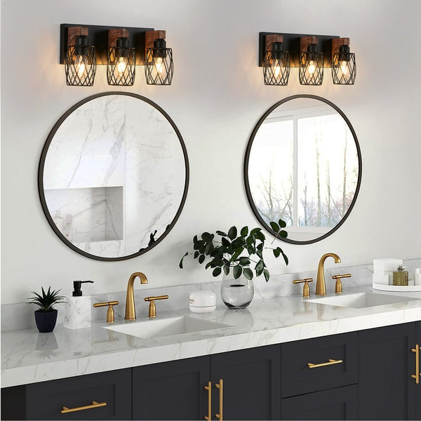 English Elm 18" Industrial Vintage 3-Light Wall Sconce Black Cage with Walnut Wood Accents for Bath Hallway W2312P374837