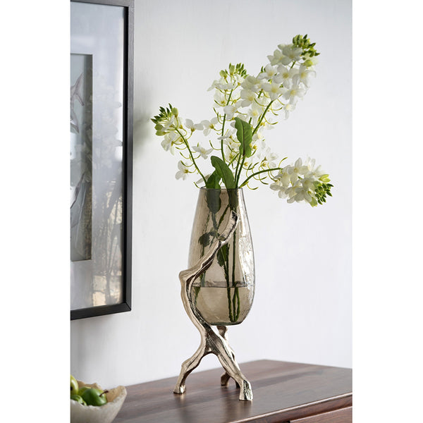 English Elm 9x7x18" Sculptural Gold Glass Vase with Splayed Aluminum Legs for Glam Interiors W2078P490402